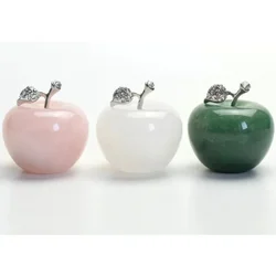 1.7 INCH Natural Chakra Semi-precious Stone Ornaments Crystal Reiki Healing Apple Statue with Alloy Leaf Home Decoration