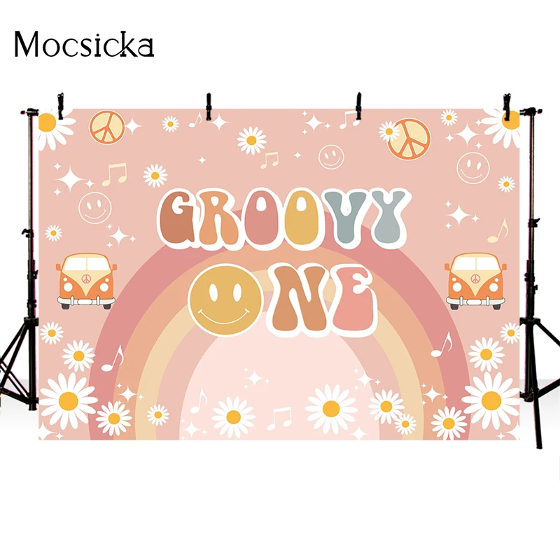 Mocsicka-Fondo de fotografía de primer cumpleaños para niños, decoración de fiesta de cumpleaños de margaritas y arcoíris, pancarta de fondo de foto de Smash de pastel