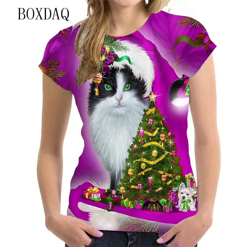 Cat Funny Graphic Women Christmas T-shirts Short Sleeve 3D Print Christmas Decorations Street Hip Hop Ladies Tees Plus Size 6XL