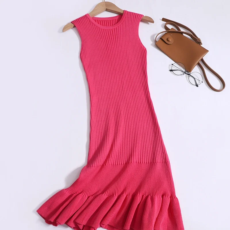 2024 nowa letnia koreański, dzianinowy szata Femme z okrągłym dekoltem bez rękawów z falbanami seksowna, dopasowana sukienka typu Bodycon elegancka Mini sukienka typu Vestidos