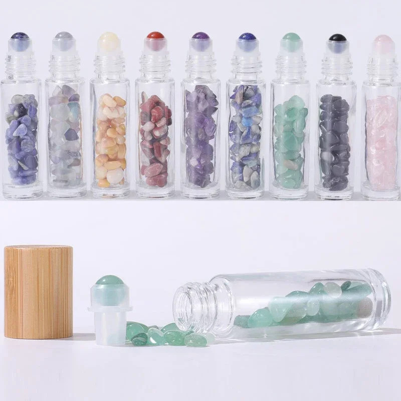10 個 10 ミリリットルエッセンシャルオイルロールオンボトルガラス天然翡翠ローラーボトルクリスタルチップ香水詰め替えボトル容器