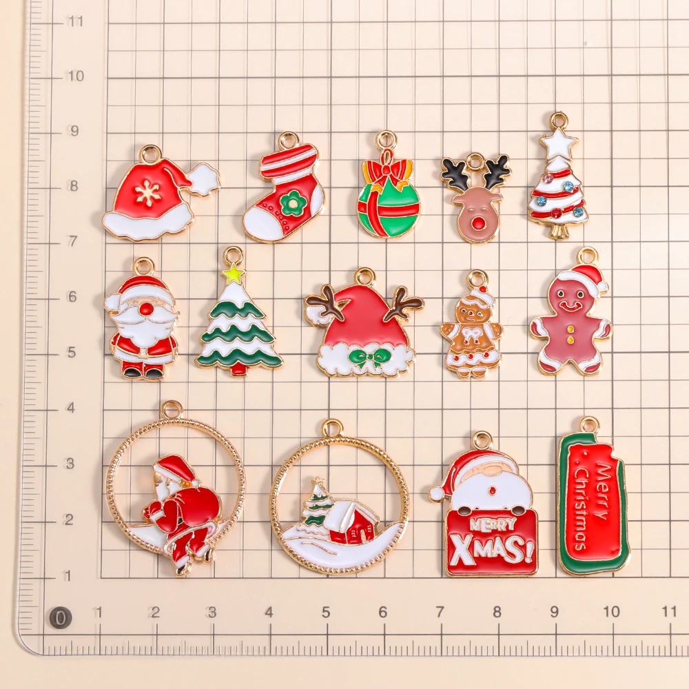 10Pcs Santa Claus Gingerbread Man Christma Tree Enamel Charm for Christmas Earrings Necklace Pendant Jewelry Making Metal Crafts