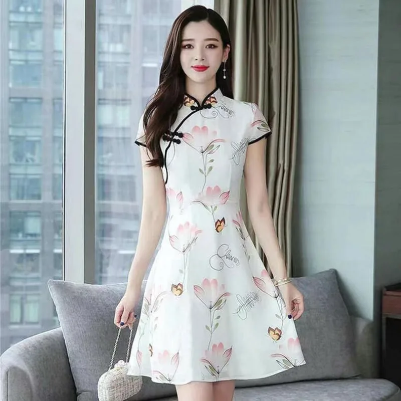 2024 Summer New Retro Improved Cheongsam Print Temperament Dress Women Chinese Style Slim Slim Fresh Fairy Skirt