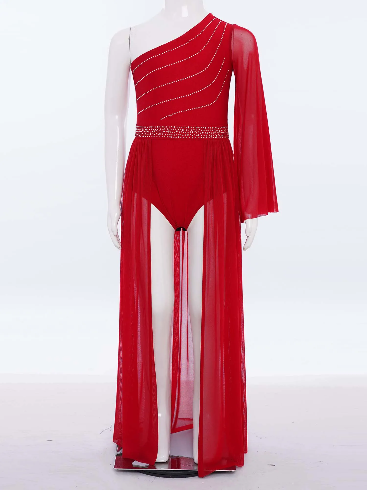 

Kids Girls Lyrical Ballet Dance Performance Costume Sheer Mesh Flared Sleeve Leotard Dress for Ballet Stage Competition Dress