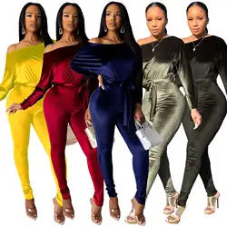 Women Velvet Night Club Party Bodycon Jumpsuit Sexy One Off Shoulder Long Sleeve High Waist One Piece Rompers With Belt