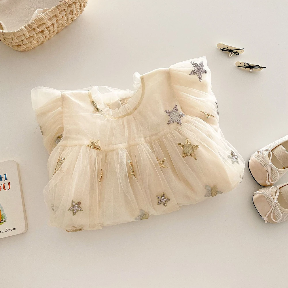 0-5 Jahre Koreanisches Mädchenkleid, Modisches Pailletten-Sternen-Mesh-Kleid mit Laternenärmeln für Kinder, Prinzessinnenkleid 2026, Herbst-Kinderkleidung – Detail 8