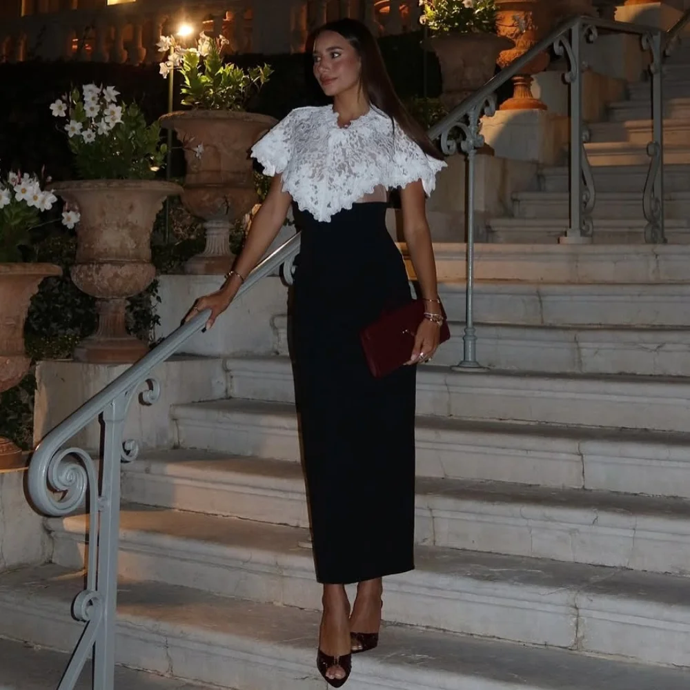 

Customized Retro Fashion Jersey Lace Pleat Straight High Collar Midi Dresses Bespoke Occasion Dresses Sizes Available Classic
