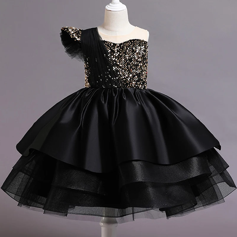 Formal Sequins Girl Party Dresses Black Halloween Wedding Kids Dress for Girls Costume Bow Birthday Bridemaids Prom Gown Vestido