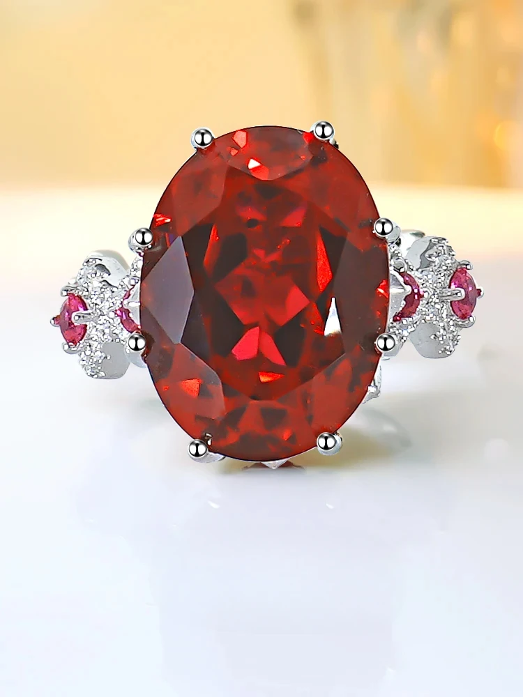 Fashionable 925 sterling silver red treasure pigeon egg ring set with high carbon diamond temperament wedding jewelry