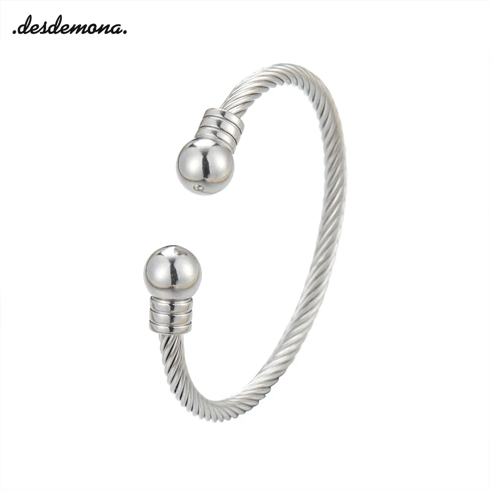 316L Stainless Steel Charm Ball Open Cuff Bangle Women Bracelet Stainless Steel Gold Color Wire Rope Women Bangle FashionJewelry