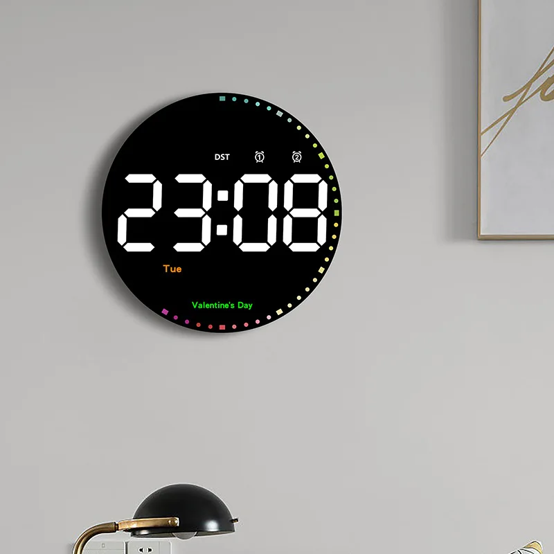 

10 inch Colorful Led Wall Clock Digital Clocks Home Decoration With Remote Control Temperature Display Dual Alarms Home Decor