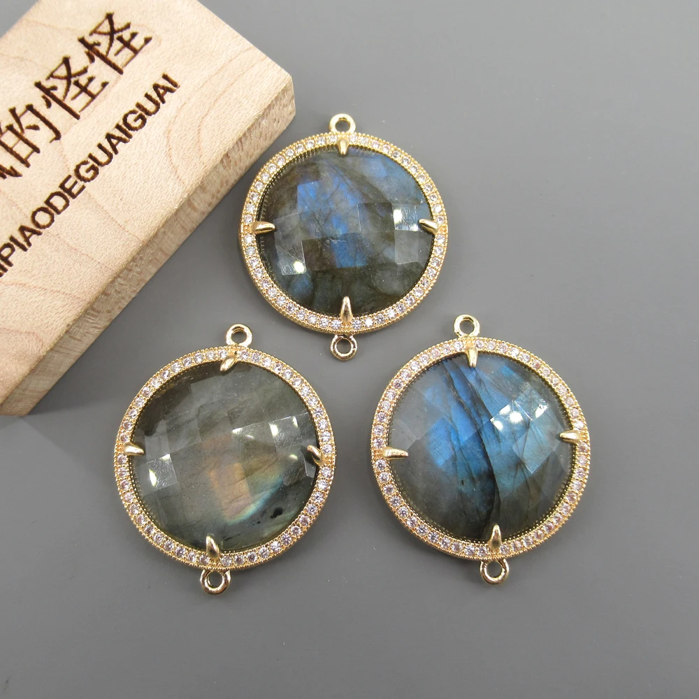 

APDGG 5 Pcs Big Natural Labradorite Quartz Cz Paved Double Rings Connector Jewelry making accessories