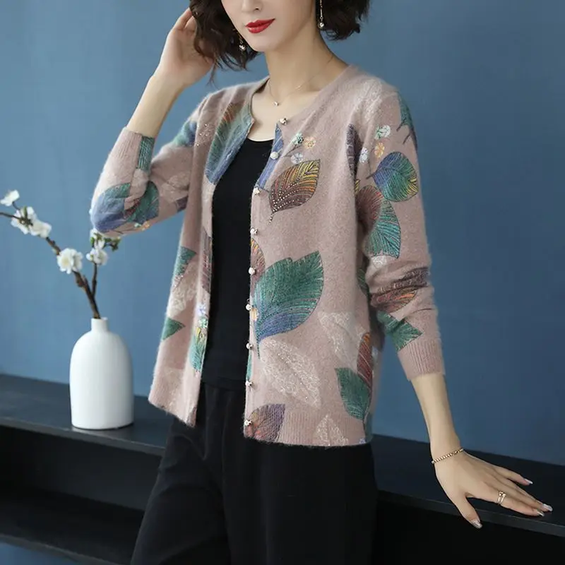 Fashion Knitting Ladies Printing Tops Casual Buttons Autumn Winter Thin Elegant Cardigan Women\'s Clothing Long Sleeve Sweaters