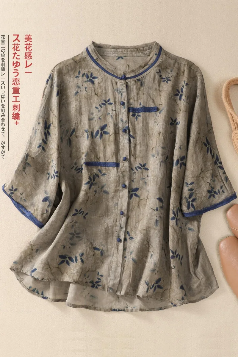 Chinese Style Women\'s Shirt Summer Cotton Linen Vintage Blouses Prints Clothing Loose Short Sleeve Women Tops