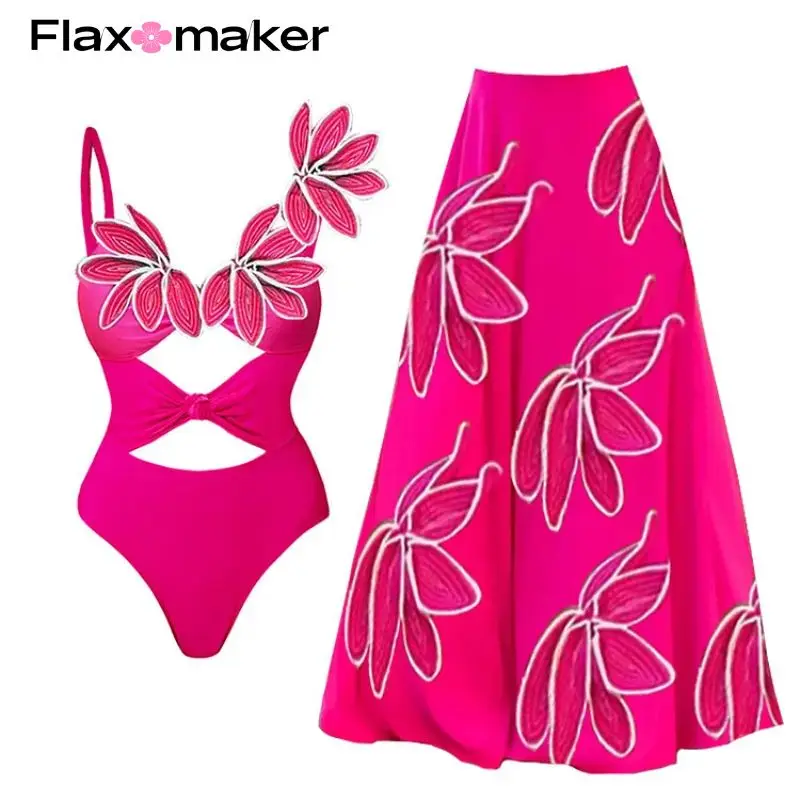 

Flaxmaker 3D Flower Neck One Piece Swimsuit and Skirt Vacation Swimwear Women Beachwear Flaxmaker Clearance Wholesale