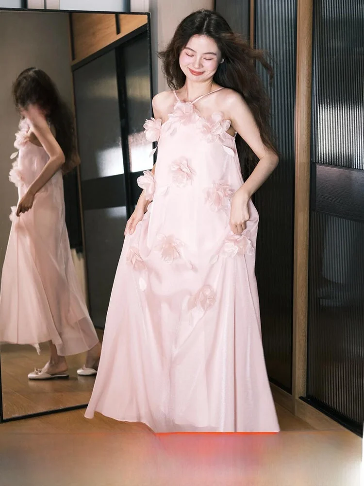

Pink Morning Gown Women Elegant Fairylike Strap Wedding Reception Ceremony Guest Dress 3D Floral Design Long Sleeveless Dress