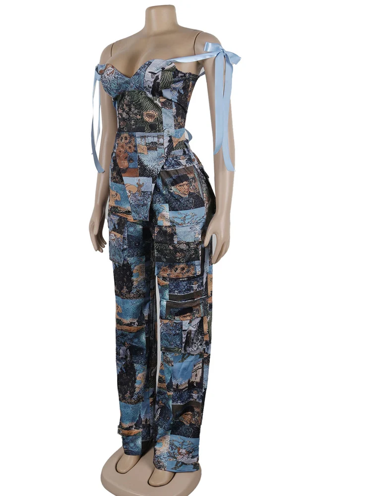 Kricesseen New Chic Oil Painting Printed Sport Jogger Pants Set Women Corset Lace-Up Crop Top And Matching Set Overalls Clubwear