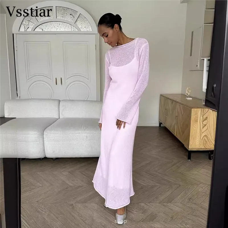 Vsstiar O คอยาวแขนยาว Maxi ชุดสตรีเซ็กซี่ดูผ่านถัก Casual Smock ชุดแฟชั่นวันหยุด Beachwear ชุด