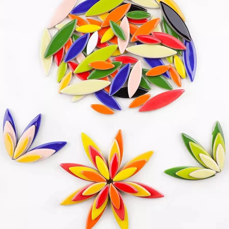 100g Willow Leaves Mosaic Tiles Porcelain Leaf-Shape Tile 3 Sizes Mix Multi Color DIY Mosaic Making Stones for Craft Arts Decor