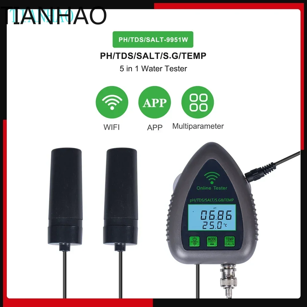 9951W Bluetooth WiFi Digital Water Quality Tester Mini 5 in 1 Water Analyzer for pH TDS Salt Specific Gravity and Temperature