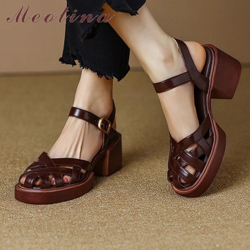 Meotina Women Patent Leather Gladiator Sandals Round Toe Platform Thick High Heels Buckle Narrow Band Ladies Shoes Summer 40