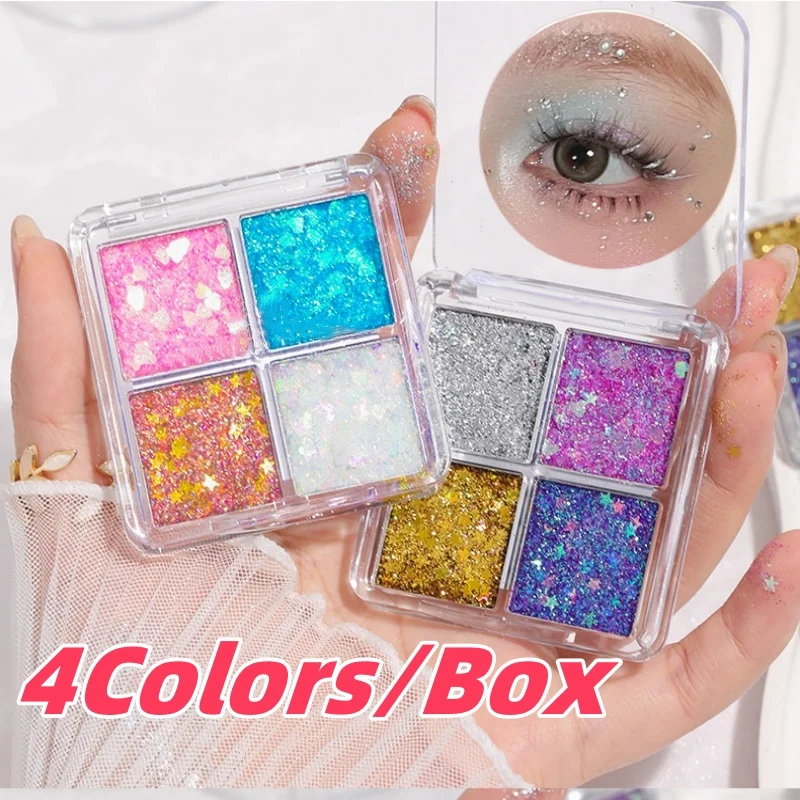 4Colors/box 3D Aurora Mermaid Glitter Sequin Cream Eyeshadow Shimmer Eyes Body Palette Party Stage Cosplay Long-lasting Makeup