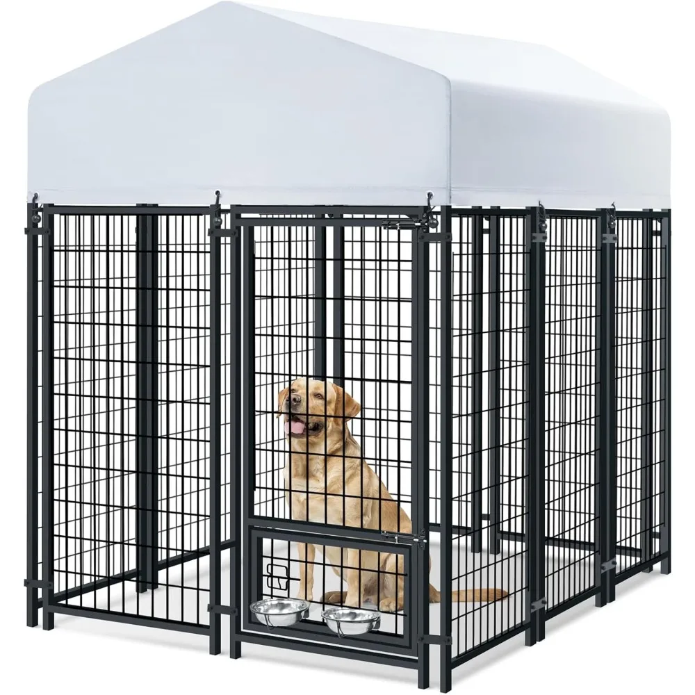 

Dog Kennel Outside Large Dog Pen Outdoor with Roof Dogs Run Enclosure with 2 Rotating Bowls Heavy Duty House with Secure