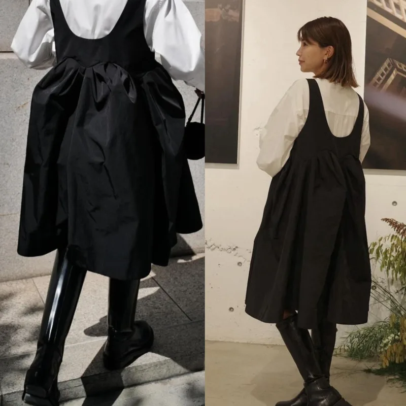 

Japan Blogger Black Dress Niche Japan Fashion Shoulder Strap Fluffy Slimming Cute Vest Dress Versatile Small Cotton Women New