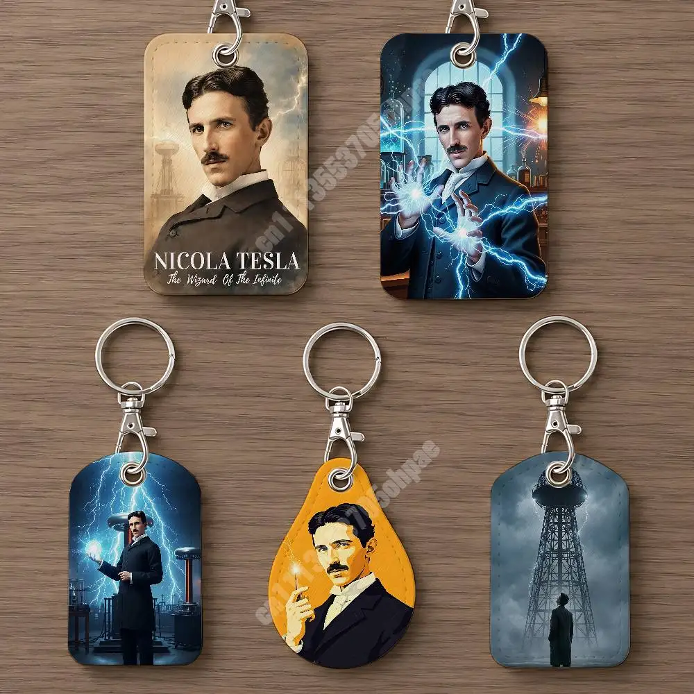 World Famous Person Nikola Tesla Leather Keychain Card Holder for Airtag & Luggage Tags Casual Tracker Cover