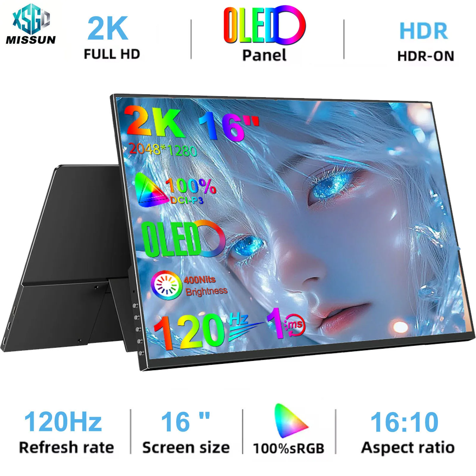 MISSUN 16.0" 120Hz OLED Screen Portable Monitor 2K 100% DCI-P3 Display 1MS Eye Care PC For Laptop Mac NUC Mini PC VESA LS Stand