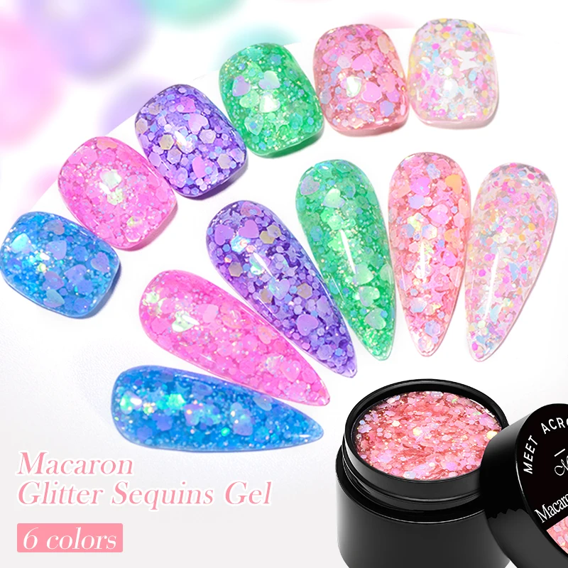 MEET ACROSS 6 Pçs/set 8ml Macaron Glitter Lantejoulas Esmalte em Gel para Unhas Coração em Forma de Diamante Nart Art Verniz em Gel UV Para Manicure