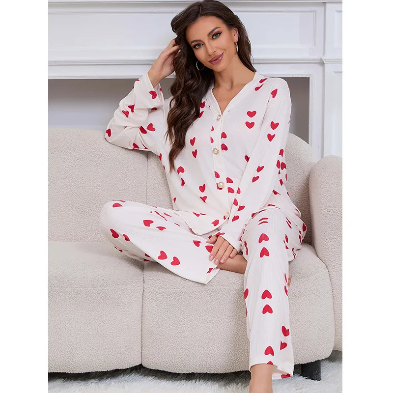 Heart Print Pajama Set For Women Soft Breathable Fabric Long-Sleeve V-Neck Button Top And Long Pants Fit Autumn Sleepwear Pjs