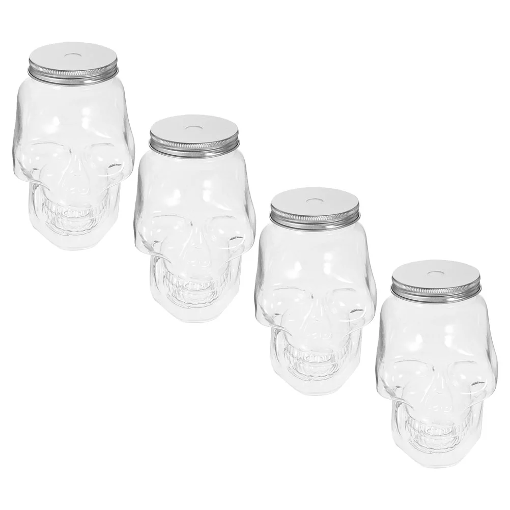 4 Pcs Halloween Skull Empty Juice Bottles Containers Modeling Transparent Milk Beverage Packing Aluminum Small