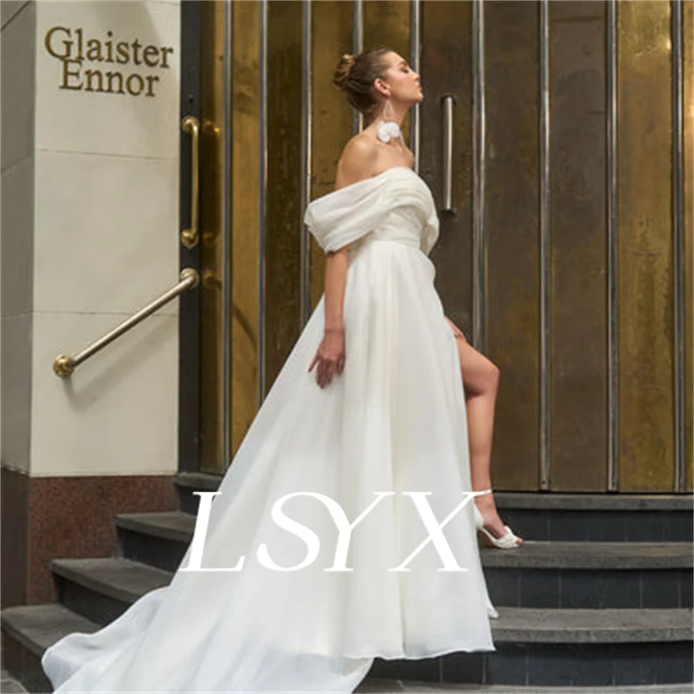 Lsyx schulter freie Falten Organza A-Linie Brautkleid Perlen Reiß verschluss hinten boden lang hoch seitlich geschlitzt Brautkleid benutzer definierte msde