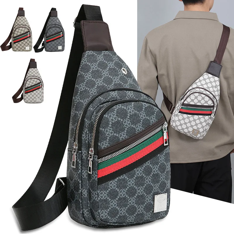 New Personalized Printed Men's Chest Bag, Trendy Casual Shoulder Bag, Waterproof PU Texture Commuting Crossbody Bag