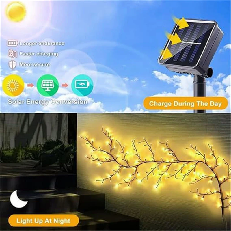 96 LEDS Solar Willow Vine Light Outdoor Waterproof String Fairy Light 8 Lighting Modes For Wall Balcony Garden DIY Decorations