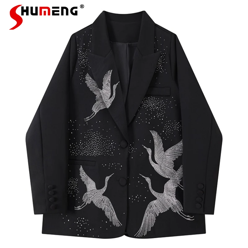 

Fashion Rhinestone Blazers Women 2025 Spring Autumn New Loose Comfort Tailored Coats Feminine High-end Trendy Chic Suit Jackets