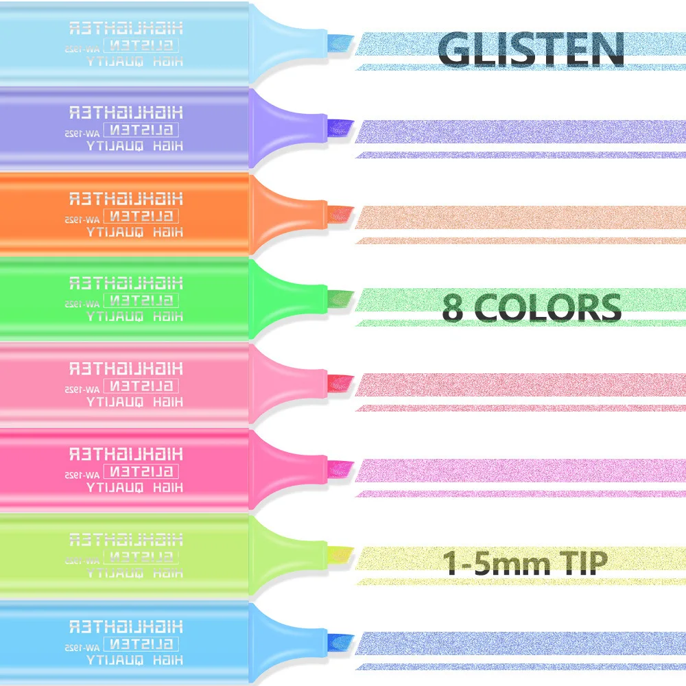8 Colors Pastel Macaron Glitter Highlighter Pen Set Shining Fluorescent Markers Kawaii Cute Stationery School Supplies
