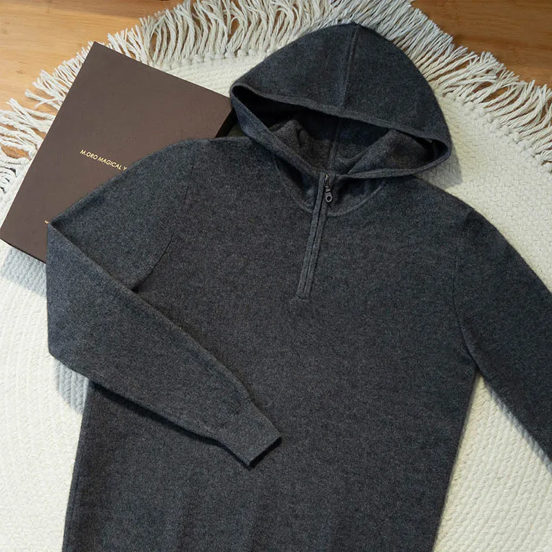 High Quality Men 100% Cashmere Sweater Hooded Half Zipper Pullover Smart Casual Style Soft Warm Cashmere Knitted Jacket Hoodie