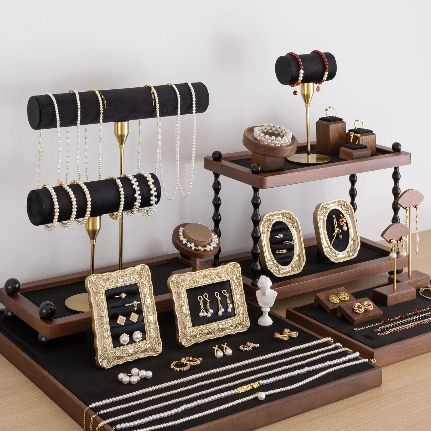 Walnut Wood Jewelry Display Stand with Black Velvet Necklace Earring Ring Holder for Counter Top Retail Store Display Showcase