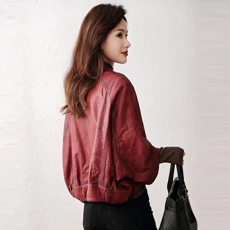 Spring Autumn New PU Leather Short Jacket Windbreaker Women Fashion Vintage Wine Red Leather Coat Loose Jackets Female Outwear