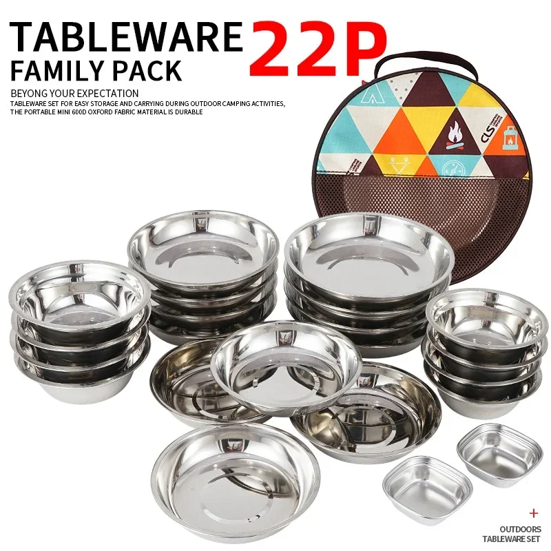 

22Pcs/Set Camping Stainless Steel Dinner Dish Plate Durable Outdoor Picnic Tableware Salad Bowl Food Container