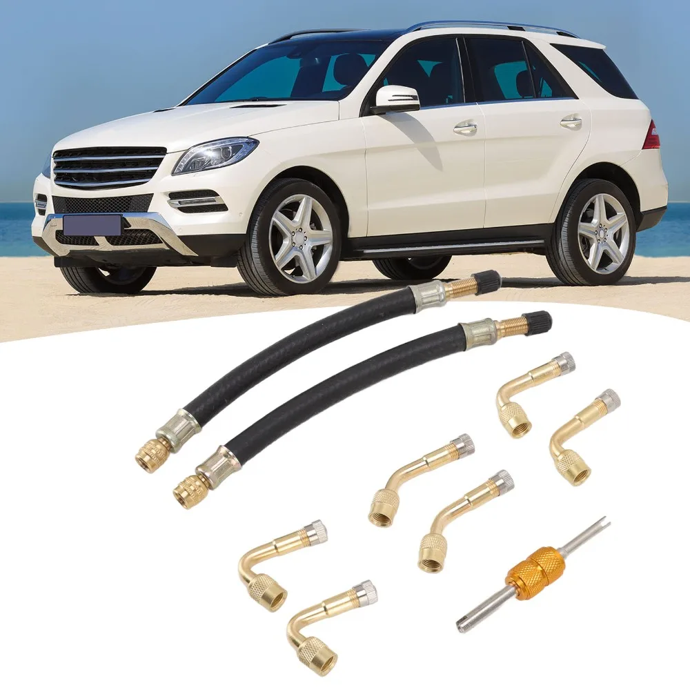 9PCS Brass Tire Valve Stem Extender Flexible Rubber Hose 45/90/135 Degree Tire Inflation Adapter Angled Adapter Metal