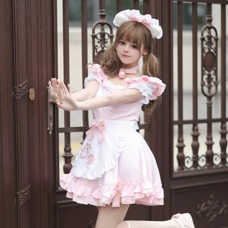 Women Maid Cosplay Costume Short Puff Sleeve Plaid Ruffle Dress with Cat Paw Printed Apron Bow Decor and Headpiece for Party view 3