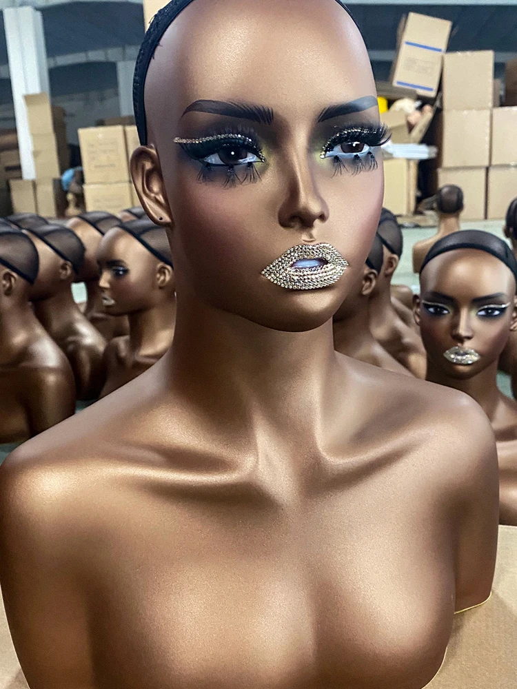 Black Female Mannequin Head with Shoulders, African Half Body Wig Bust Manikin, Model with Bling Rhinestone Lips for Wig Display view 6