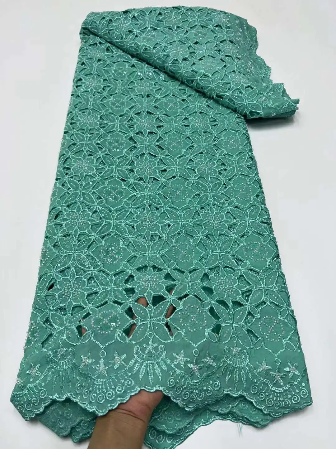 

Wholesale African Cotton Lace Fabric Embroidery Nigerian Beads Sequins Lace Fabrics 5Yards Sewing For Women Wedding Party Dress