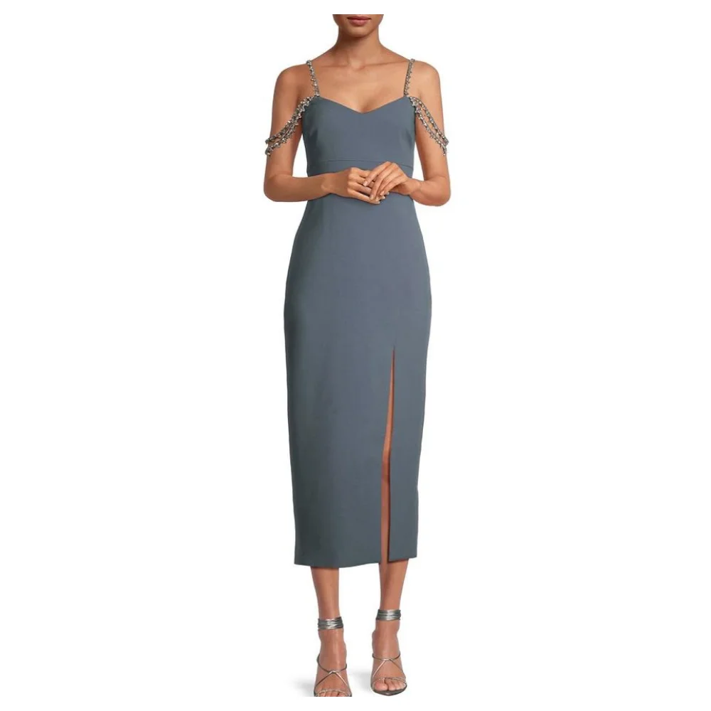 

Simple Jersey Pleat Sequined Straight Spaghetti Strap Midi Dresses Cocktail Dresses High Quality Exquisite Classic Elegant