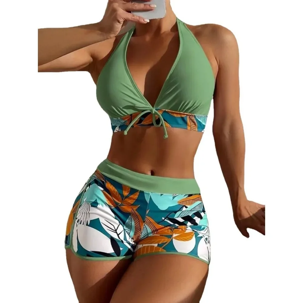 2024 Europe and The United States Swimsuit Women\'s Split High Waist Flat Angle Lace-up Print Solid Color Patchwork Swimsuit