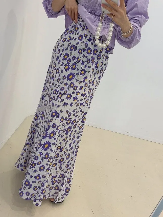 Chic Daisy Floral f jupe femmes taille élastique mince Tube droit longue jupe en mousseline de soie à la mode trajet Sle taille moyenne Design