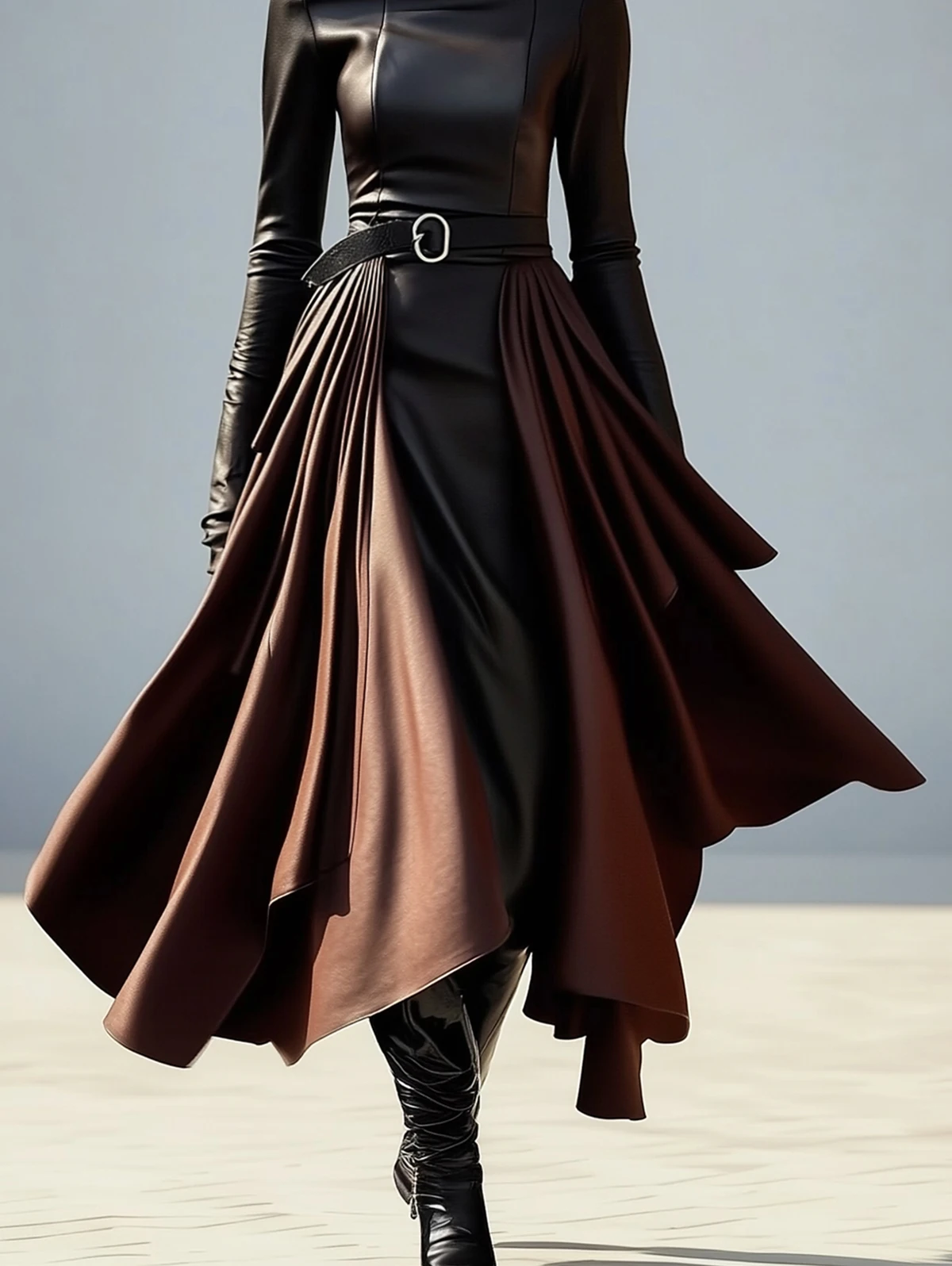 Vestido de una pieza de nuevo estilo, cuello alto, dobladillo Irregular, cinturón, vestido Midi de piel sintética para mujer, corte ajustado, ropa de fiesta de moda de alta gama